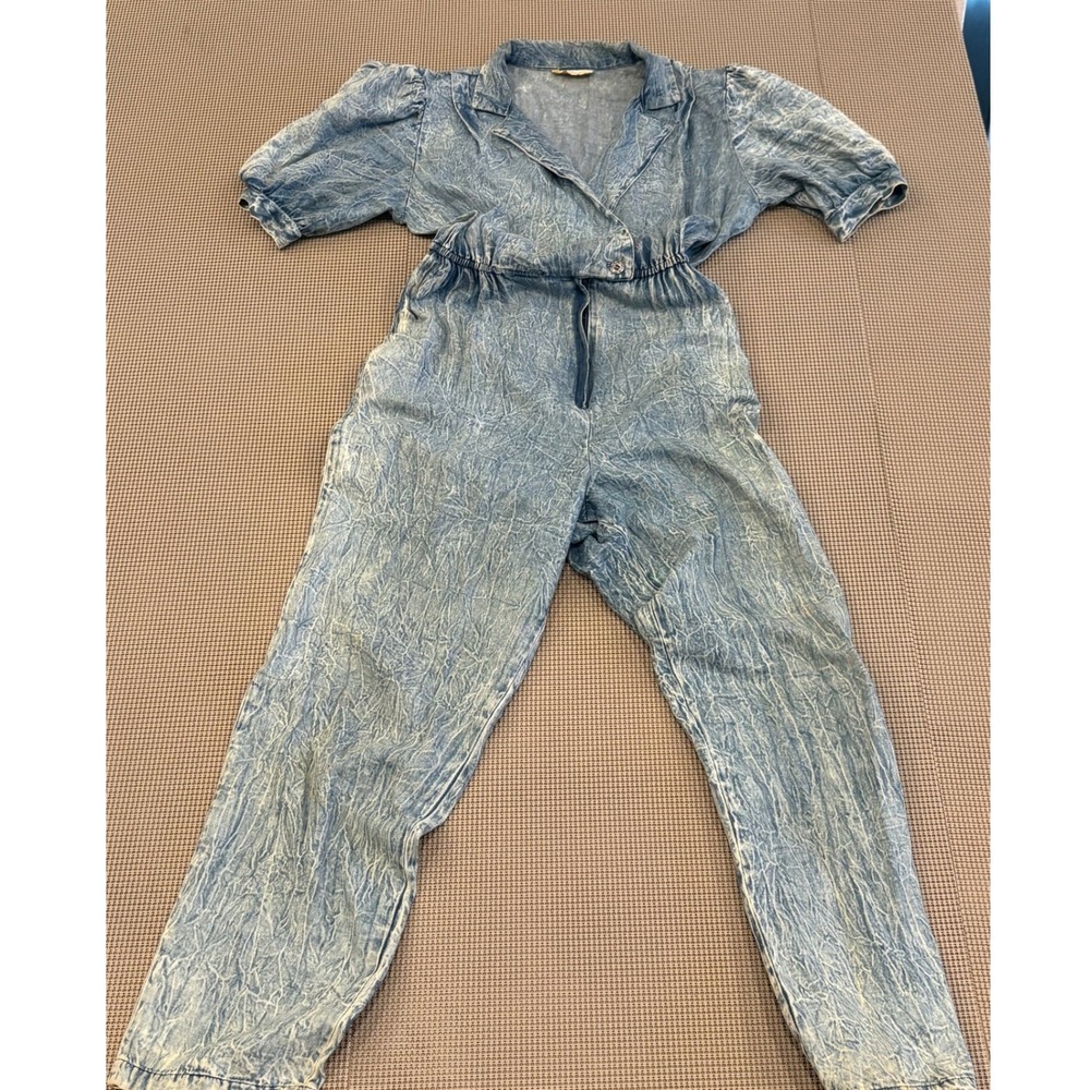 Vintage Bee Darlin Acid Wash Denim Jumpsuit 80s Puff Sleeve One Piece Blue